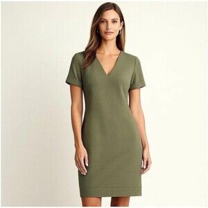 Theory V Neck Green Banded Shift Short Sleeves Dress (Size 10)